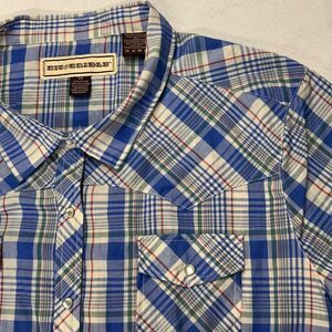 Bit & Bridle 2X‎ Western Plaid Short Sleeve Shirt Blue Green  women Pearl Snap